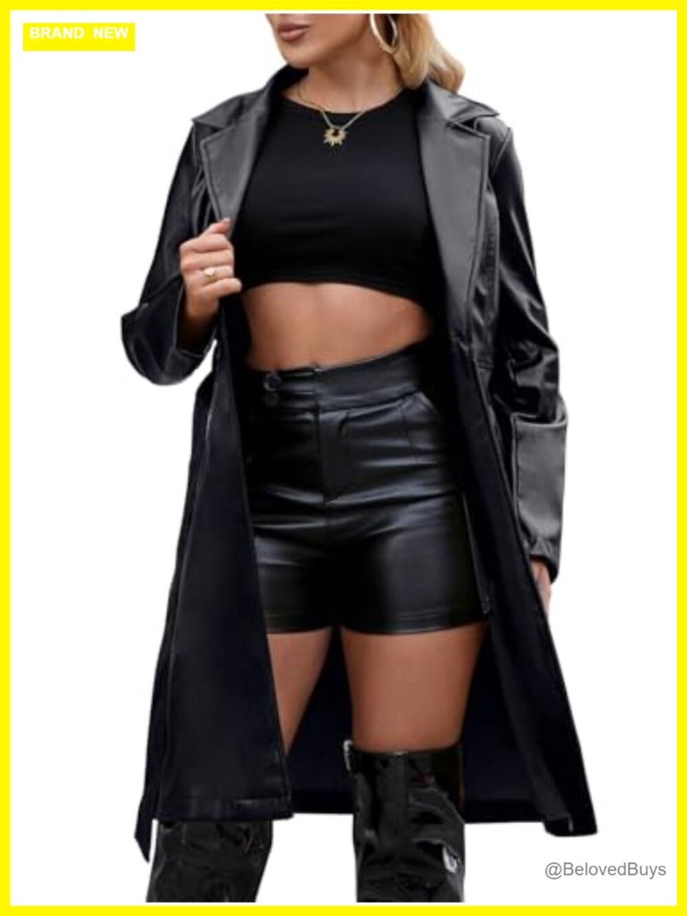 Faux Leather Trench Coat Long Loose Open Front Belted Jacket